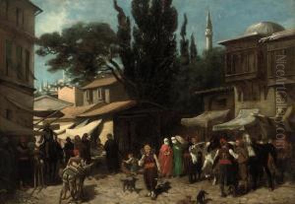 A Bustling Arab Market Oil Painting by Fabius Germain Brest