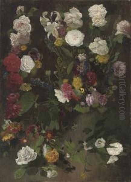 White Roses, Lillies, Poppies And Other Summer Blooms Oil Painting by Fabius Germain Brest