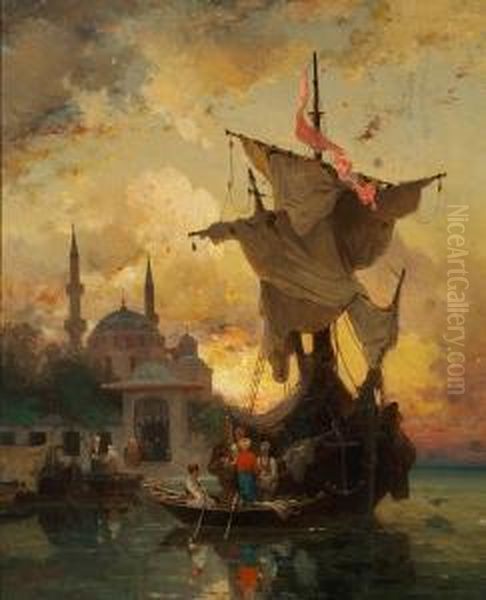 Night Scene In Constantinople With Men In A Sailing Boat Oil Painting by Fabius Germain Brest