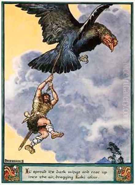 It spread its dark wings and rose up into the air, dragging Loki after Oil Painting by Charles Edmund Brock