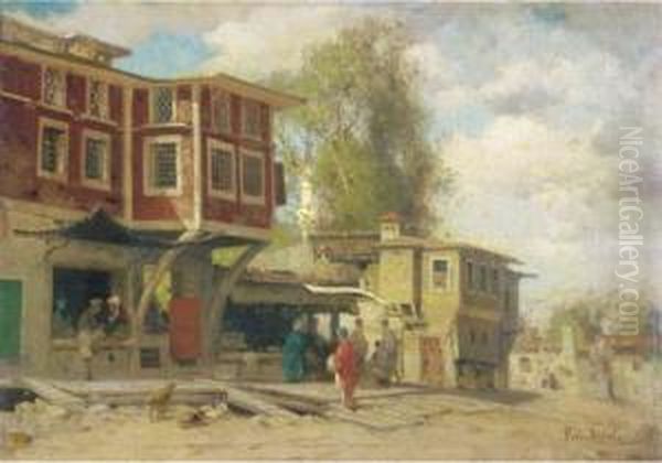 Village A Bebec: A View Of A Turkish Village Oil Painting by Fabius Germain Brest