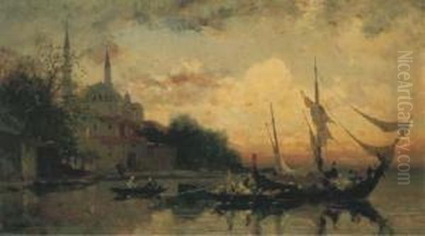 Coucher De Soleil Sur Le Bosphore, Des Bateaux Devant Une Mosquee Oil Painting by Fabius Germain Brest