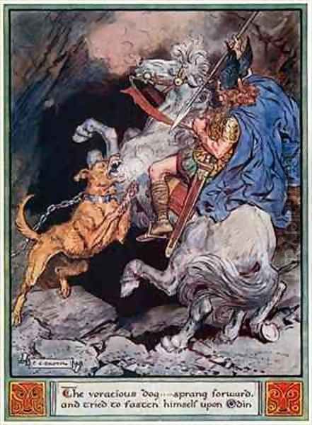 The voracious dog...sprang forward and tried to fasten himself upon Odin Oil Painting by Charles Edmund Brock