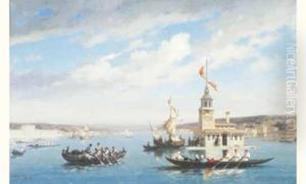 Caiques Devant La Tour De Leandre, Constantinople. Oil Painting by Fabius Germain Brest