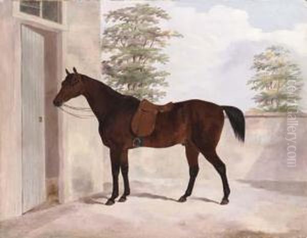 A Bay Hunter Outside A Stable Oil Painting by Thomas W. Bretland