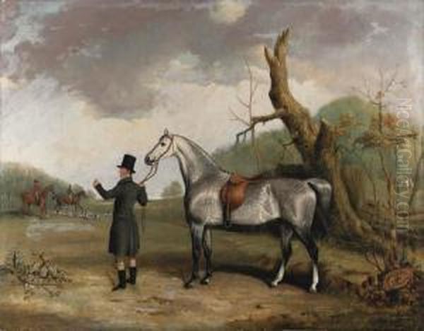 A Dappled Grey Held By A Huntsman, With Huntsmen And Hounds Beyond,in A Landscape Oil Painting by Thomas W. Bretland