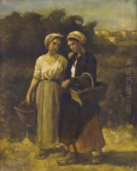 Zwei Bauerinnen Mit Korben. Oil Painting by Jules Breton