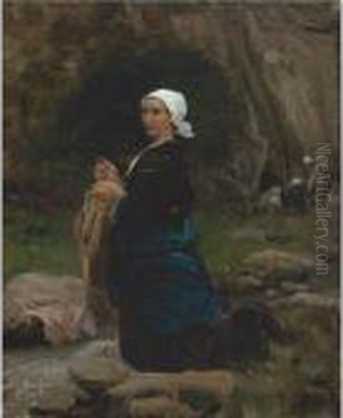 A Breton Laundress Oil Painting by Jules Breton