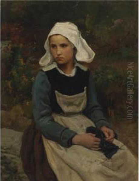 Young Brittany Girl Knitting Oil Painting by Jules Breton