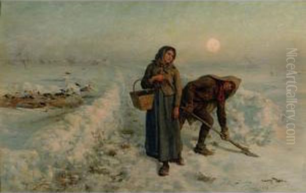 Sur La Route En Hiver; Artois Oil Painting by Jules Breton