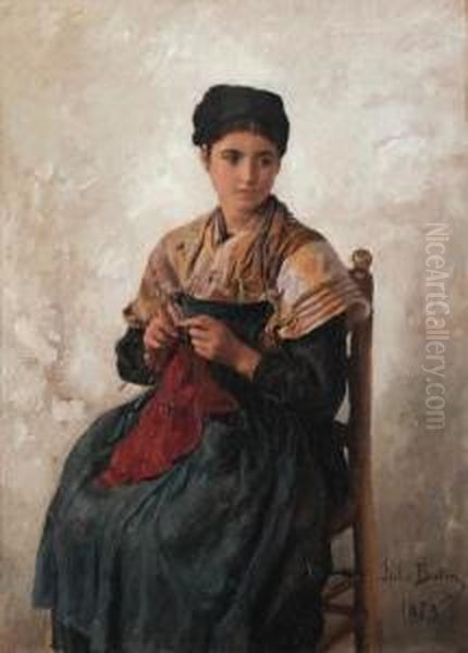 Jeune Femme Tricotant Oil Painting by Jules Breton