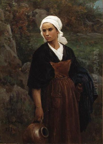 Femme Portant Une Cruche (woman Carrying Water) Oil Painting by Jules Breton