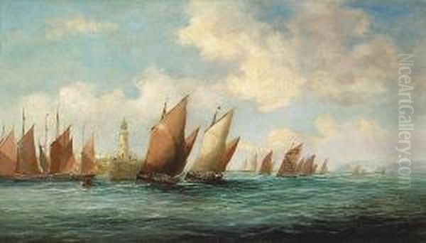 Fishing Boats Off St. Ives, Cornwall Oil Painting by John Edward Brett