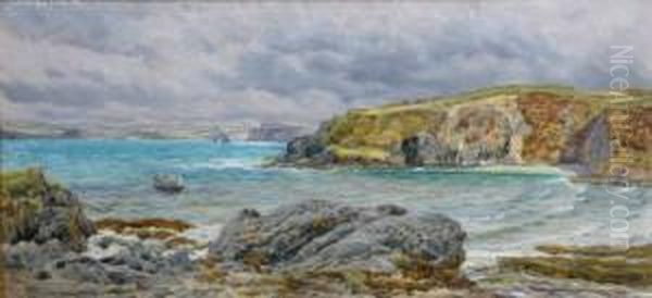 Rowing Boat Approaching A Cove. Oil Painting by John Edward Brett