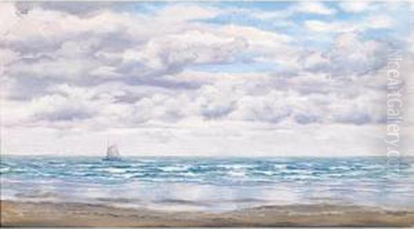 Gathering Clouds, A Fishing Boat Off The Coast Oil Painting by John Edward Brett