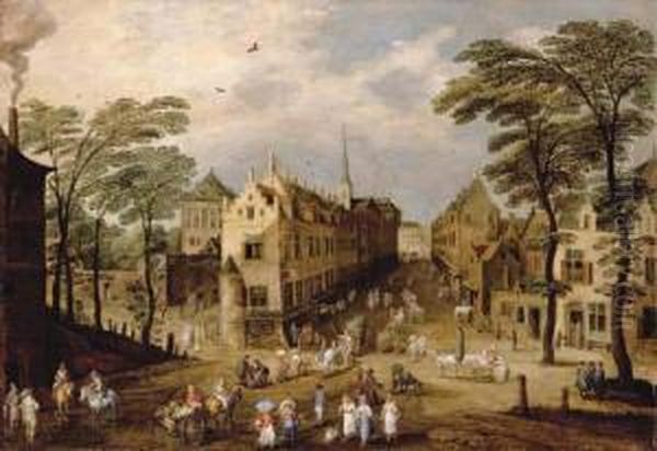 A Town Landscape With Company, Townsfolk And Wagoners Oil Painting by Jan Breughel