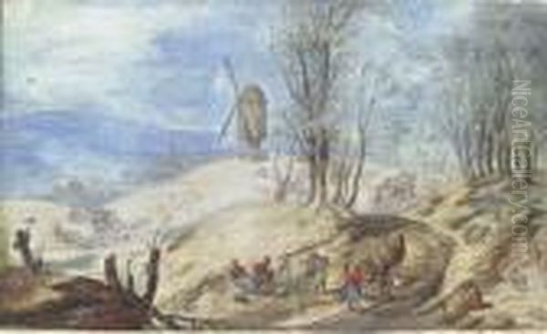 A Hilly Wooded Landscape With A 
Windmill, A Wagon And Peasants Inthe Foreground, A Village Beyond Oil Painting by Jan Breughel