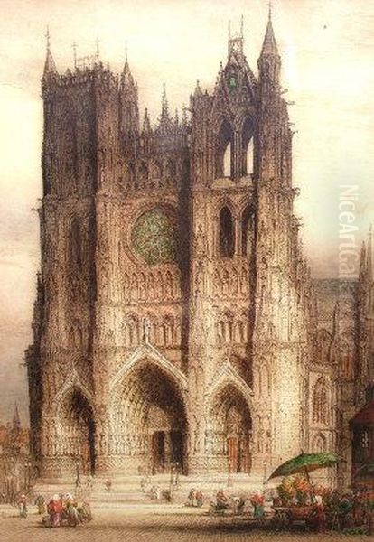 Act.-- 'amiens Cathedral' 
Published Sept 2nd 1918, Alfred Bell & Co., Old Bond St London Oil Painting by James Alphege Brewer