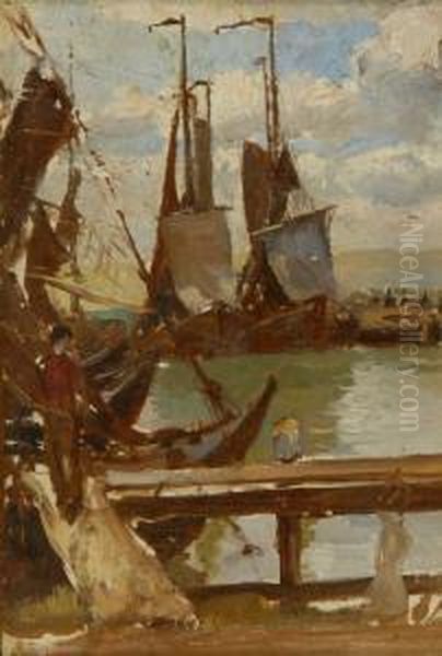 New England Dock Scene Oil Painting by Anna Richards Brewster