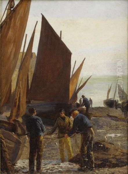 Fishermen At Clovelly, Devon Oil Painting by Anna Richards Brewster