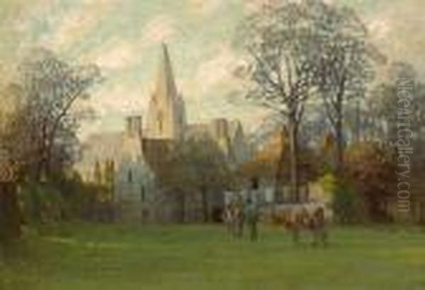 A Figure Leading Cows In For Milking With Buildings And A Church Beyond Oil Painting by Anna Richards Brewster