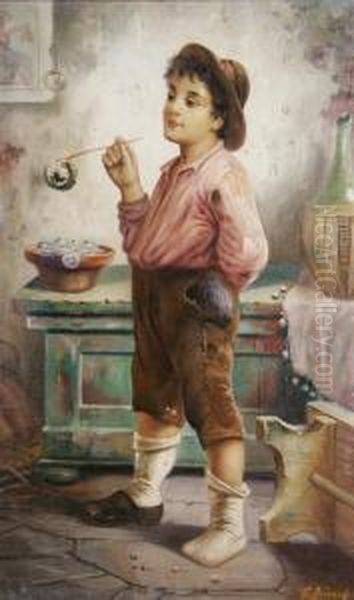 Boy Blowing Bubbles Oil Painting by Francois Xavier Bricard