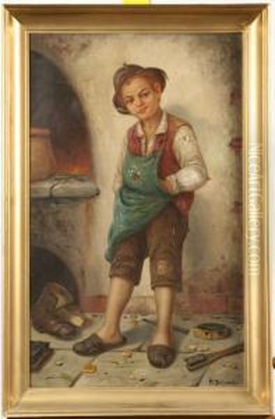 Sittande Gosse, Signerad F Bricard Oil Painting by Francois Xavier Bricard