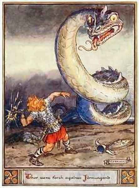 Thor went forth against Jormungand Oil Painting by Charles Edmund Brock