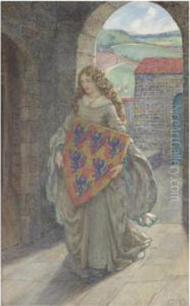 Lancelot And Elaine - Then To 
Her Tower She Climbed And Took Theshield, Thus Kept It And So Lived In 
Fantasy. The Idylls Of Theking, Alfred Tennyson Oil Painting by Eleanor Fortescue Brickdale