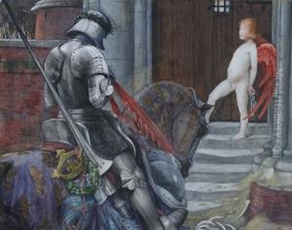 A Knight And Cupid Before A Castle Door Oil Painting by Eleanor Fortescue Brickdale