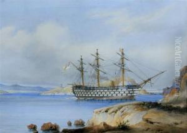 Hms Royal Albert Aground Off The Aegean Island Of Zea Oil Painting by Sir Oswald Walter Brierly