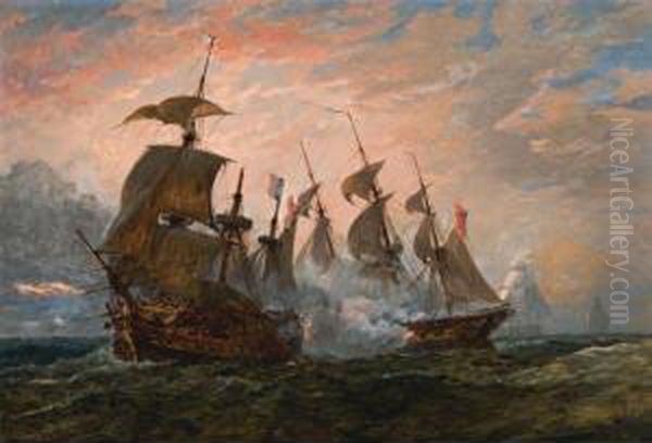 Sea Battle Oil Painting by Sir Oswald Walter Brierly