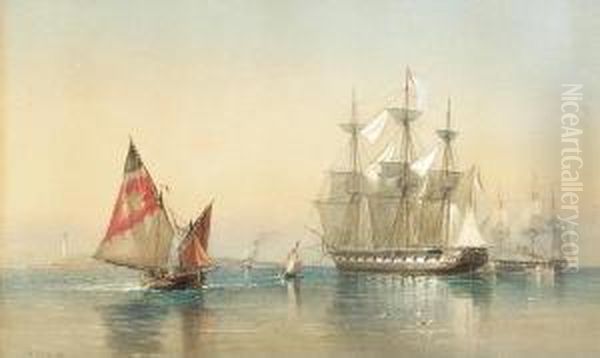 Traditional Braggozi Greeting Two British Frigates Arriving Off Venice Oil Painting by Sir Oswald Walter Brierly