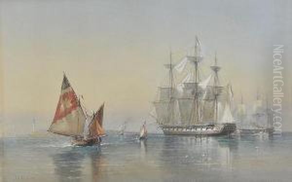 Man-o'-war And Other Shipping 
Off A Distant Harbour, Signed And Dated 1873, Watercolour Heightened 
With White Oil Painting by Sir Oswald Walter Brierly