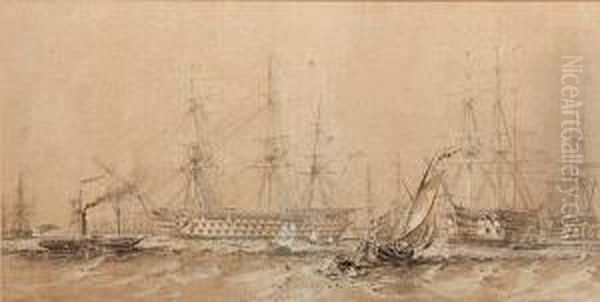 Preliminary Study Of The Royal Review 1854, In Pencil Heightened In White Oil Painting by Sir Oswald Walter Brierly