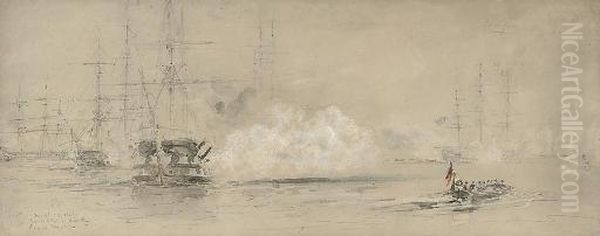 The Baltic Fleet In Kiel Bay - Firing At Targets Oil Painting by Sir Oswald Walter Brierly