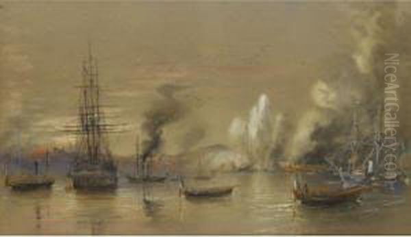 A Naval Engagement Oil Painting by Sir Oswald Walter Brierly