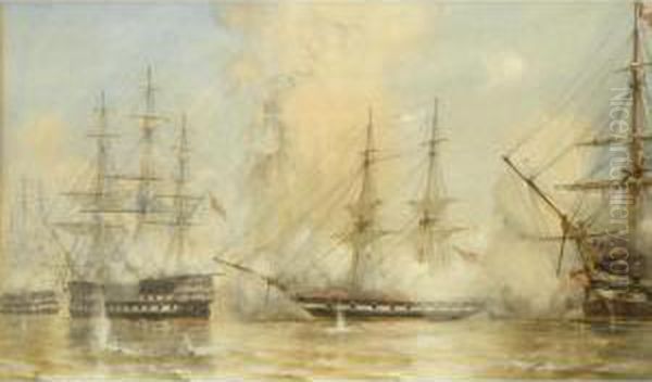 A Naval Engagement During The Crimean War Oil Painting by Sir Oswald Walter Brierly