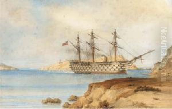 H.m.s. Royal Albert Aground Off The Aegean Island Of Zea Oil Painting by Sir Oswald Walter Brierly