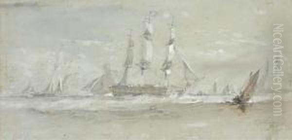 A Frigate, Admiralty Cutters And Other Shipping At Spithead Oil Painting by Sir Oswald Walter Brierly