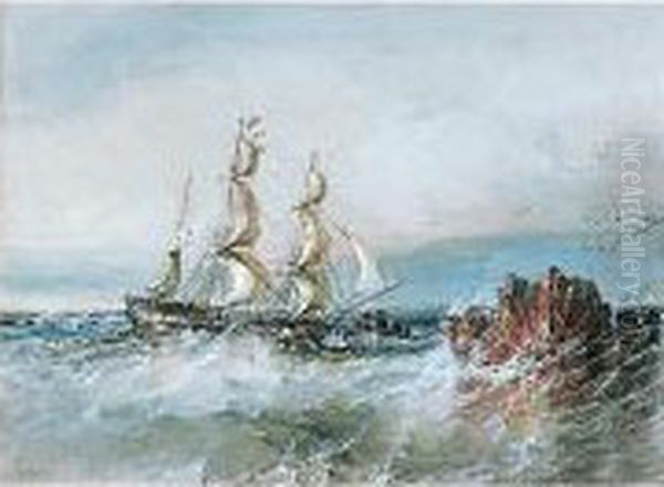 A Ship In Full Sail Near A Rocky Outcrop At Sea Oil Painting by Sir Oswald Walter Brierly