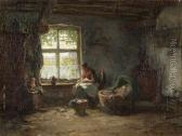 Nahende Bauerin An Der Wiege In
 Hollandischer Stube. Oil Painting by Arthur Briet