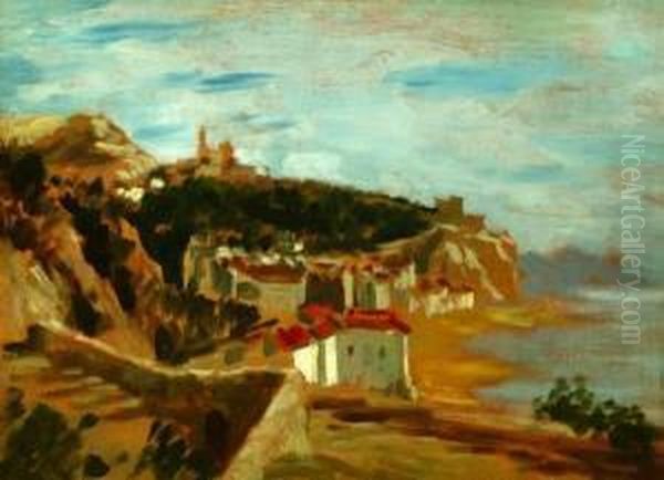 Hilltown At Seaside Oil Painting by Louis Georges Brillouin