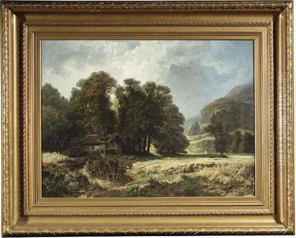 Bavarian Landscape With A 
Farmstead At Boundary Ridge. Oil/canvas/canvas, Signed, Verso On An Old 
Label Inscribed Oil Painting by Antonio, Anton Brioschi