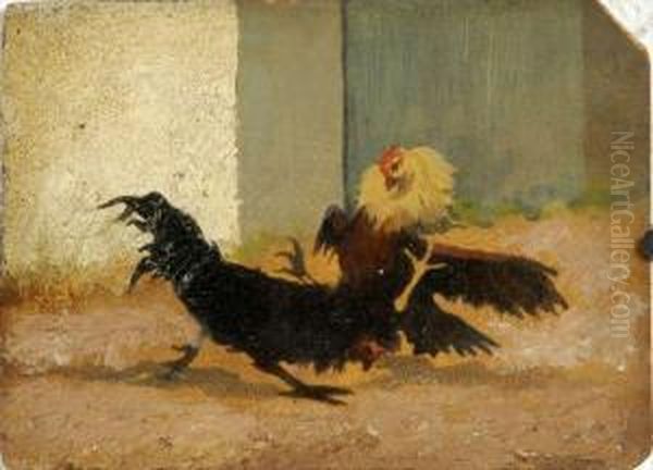 Fighting Cockerels Oil Painting by Franklin Briscoe