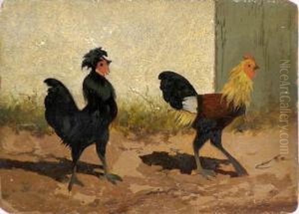 Farmyard Scene With Two Cockerels Oil Painting by Franklin Briscoe