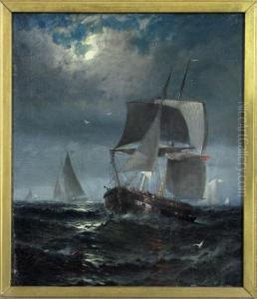 Sailing Vessels At Sea Beneath A Full Moon Oil Painting by Franklin Briscoe