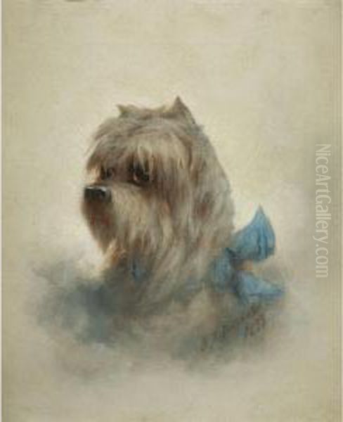 Portrait Of A Terrier With Blue Bow Oil Painting by Franklin Briscoe