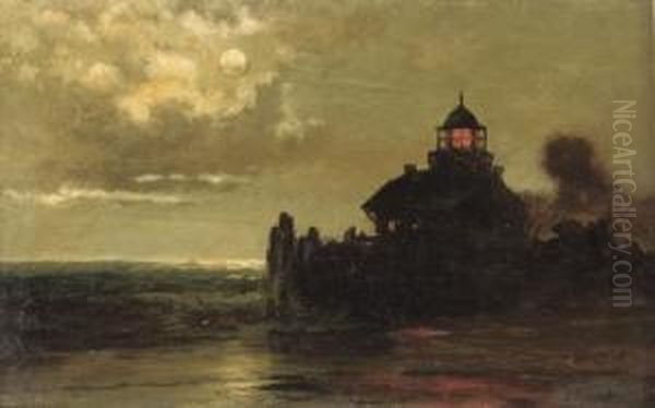 Lighthouse Along The Coast Oil Painting by Franklin Briscoe