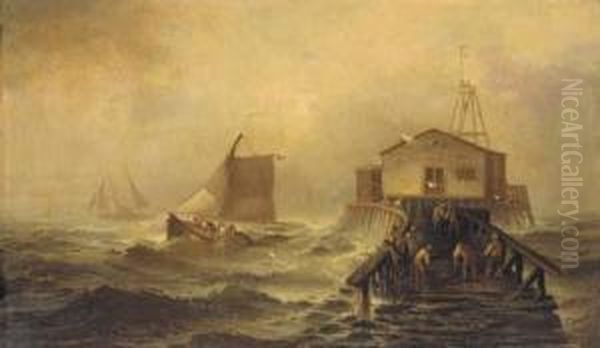 Fishing Boats Off A Jetty Oil Painting by Franklin Briscoe